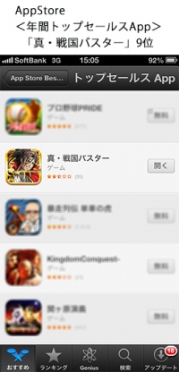 ＜年間トップセールスApp＞「真・戦国バスター」9位