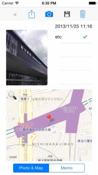 iPhoneアプリ　写真でメモ代わり！　写真を撮ると、撮影場所が地図上に表示される。 地図上の位置も補正可能。　メールやLINEで写真と位置を送信できる。