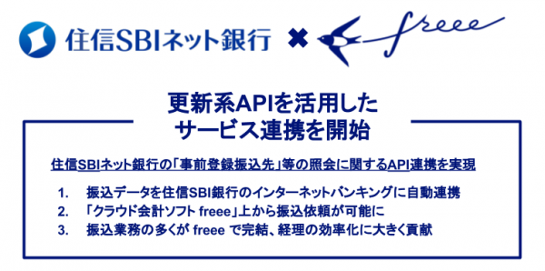 freeeが住信SBI銀行と振込データ連携を開始。振込依頼が「クラウド会計ソフト freee」から可能