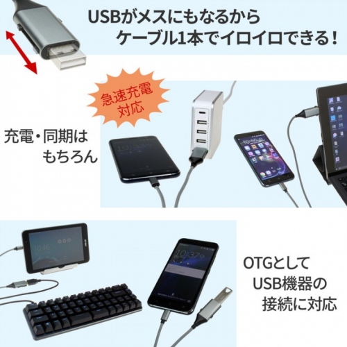 【上海問屋限定販売】1本で充電・同期の他 USB機器の接続も可能なケーブル　急速充電対応 OTGケーブル(95cm)　販売開始