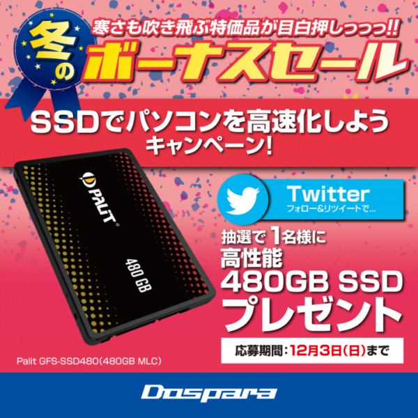 この冬はSSDでパソコンを高速化しよう ドスパラ公式Twitterにて高性能SSD『Palit GFS-SSD480(MLC)』が抽選で当たるキャンペーンを開催