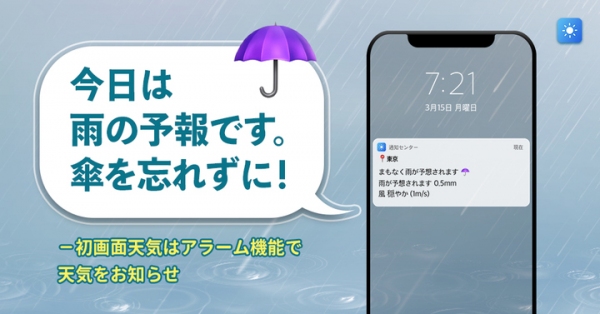 Android版天気カテゴリー1位、iOS版400万超ダウンロード！天気アプリ「初画面天気」が雨の予報など便利なアラーム機能で梅雨の対策としても好評