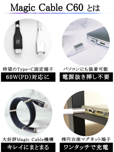 【最新モデル】『Magic Cable C60』machi-ya by CAMPFIREで公開！【MacBook充電対応】タイプC採用! 60Wで急速充電!