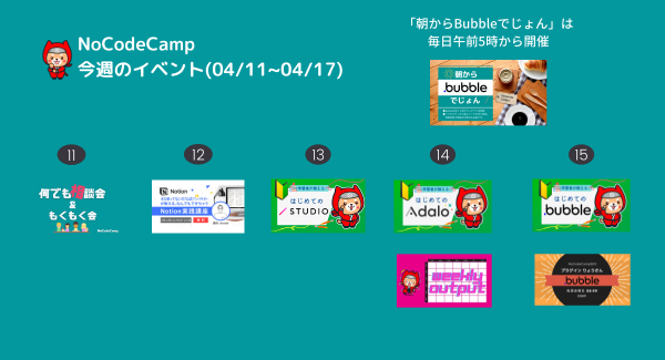 4月11日～17日の1週間もオンラインサロン「NoCodeCamp プログラミングを使わないIT開発」は、代表的なツールのイロハが学べるイベントを毎日開催