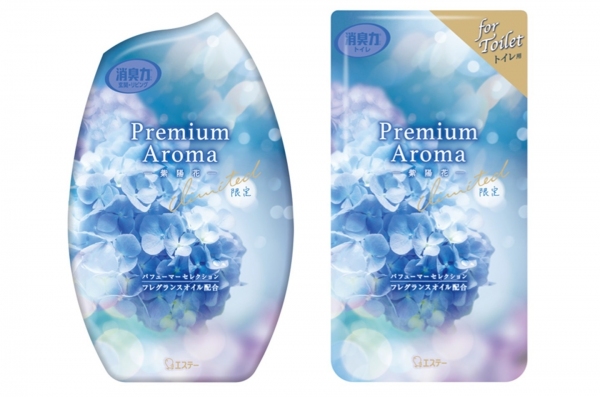 エステーの「消臭力 Premium Aroma」シリーズの季節限定品繊細にきらめく紫陽花をイメージした透明感ある〈紫陽花〉の香りがQmartに登場！