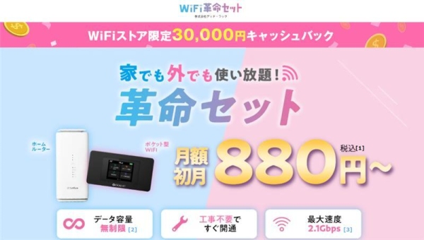 WiFiストア限定キャンペーンのお知らせ！WiFiストアのX経由で「WiFi革命セット」を申し込むと、通常25,000円が30,000円キャッシュバックとなり5,000円お得に。12月17日(火)より