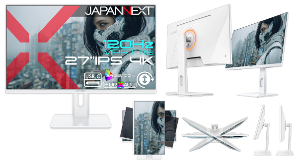 JAPANNEXTが27" IPSパネル 昇降式スタンドを搭載した120Hzの4Kゲーミングモニター(ホワイト)を45,980円で2月19日(木)に発売