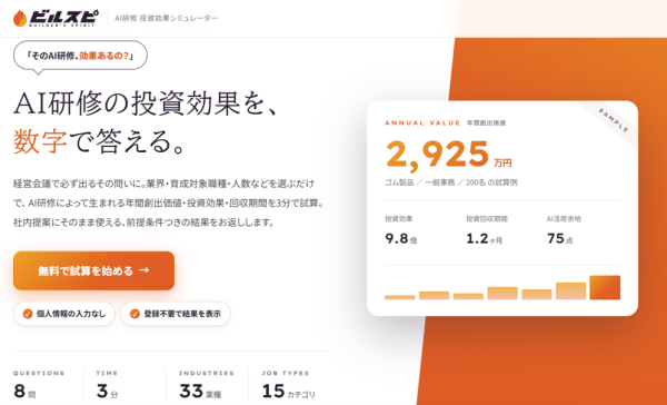 経産省も課題視する"AI投資のROI"を3分で可視化『ビルスピ』、AI人材育成の投資効果を試算する『AI研修 ROIシミュレーター』を提供開始